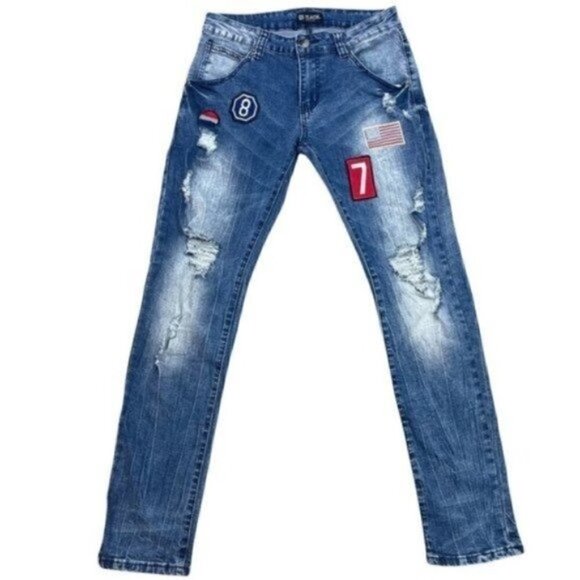 Black Premium Skinny Flex Blue trendy Jeans Distressed Patches Sz 28 /28 Hemmed - Picture 1 of 10